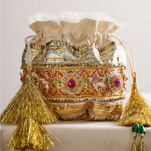 Free People Handbags - Free People Seasons Sparkle Mini Gift Sack Embroidered Pouch Bag Gold NEW NWT